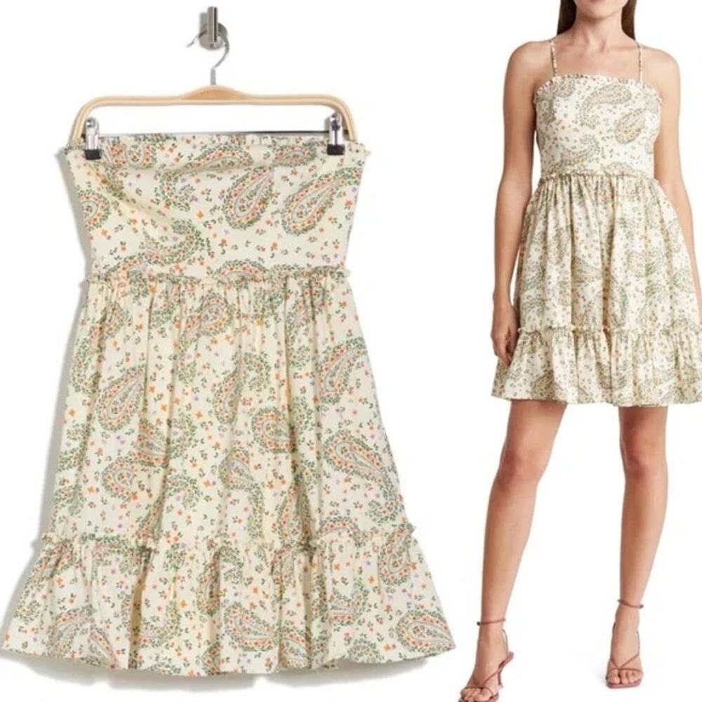 BCBG Strapless Paisley Tiered Mini Dress Size 2 Cream Green Ruffle Sundress